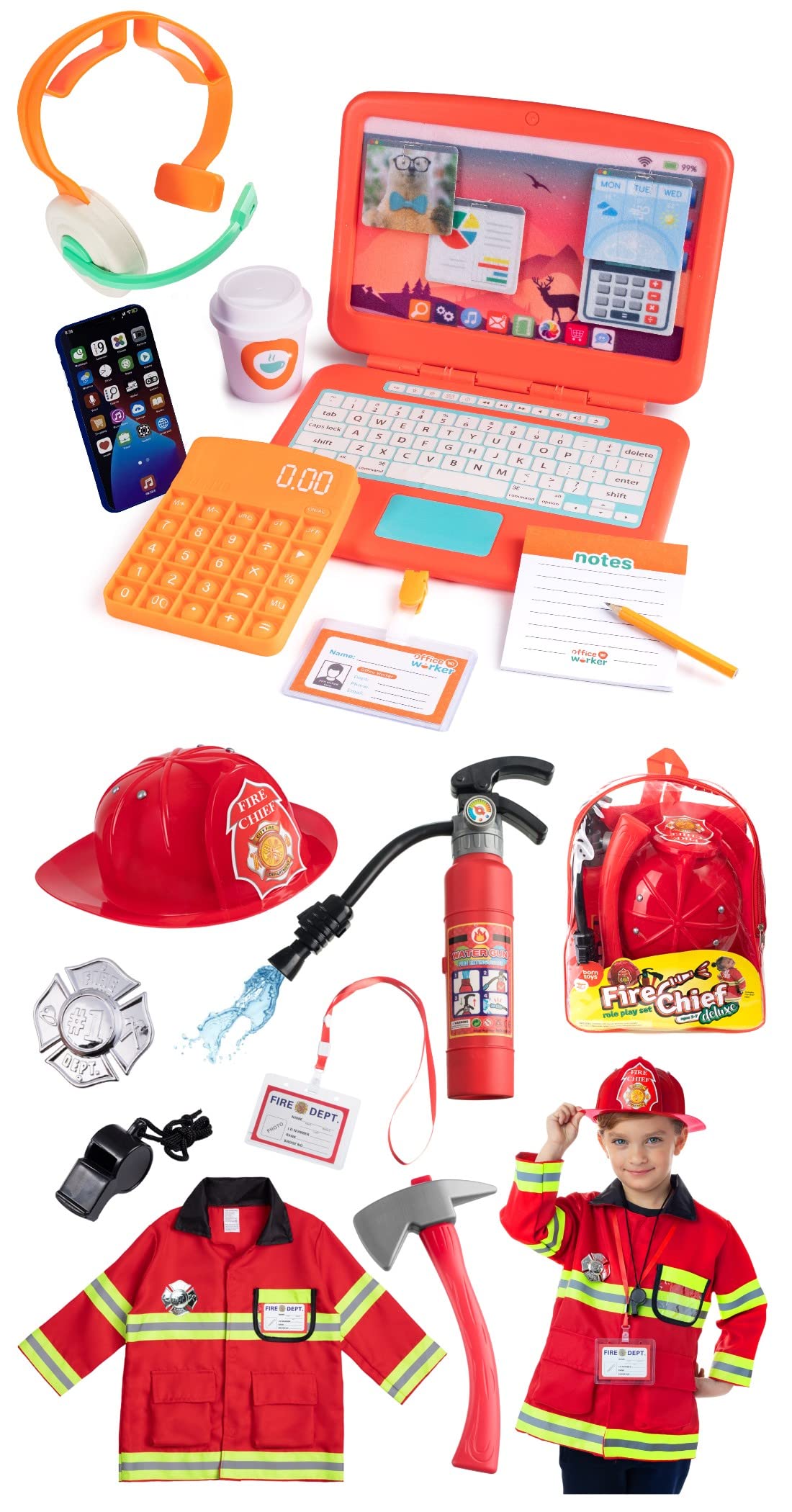 Born Toys Pretend Play Office Set for Toddler and Kids, and Fireman Costume Set for Ages 3-7, Dress up & Pretend Play