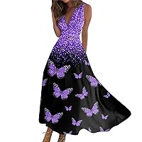 Women's Summer Elegant Sleeveless Deep V Neck Sexy Maxi Dress Beach 2024 Trendy Floral Print Flowy Beach Dress