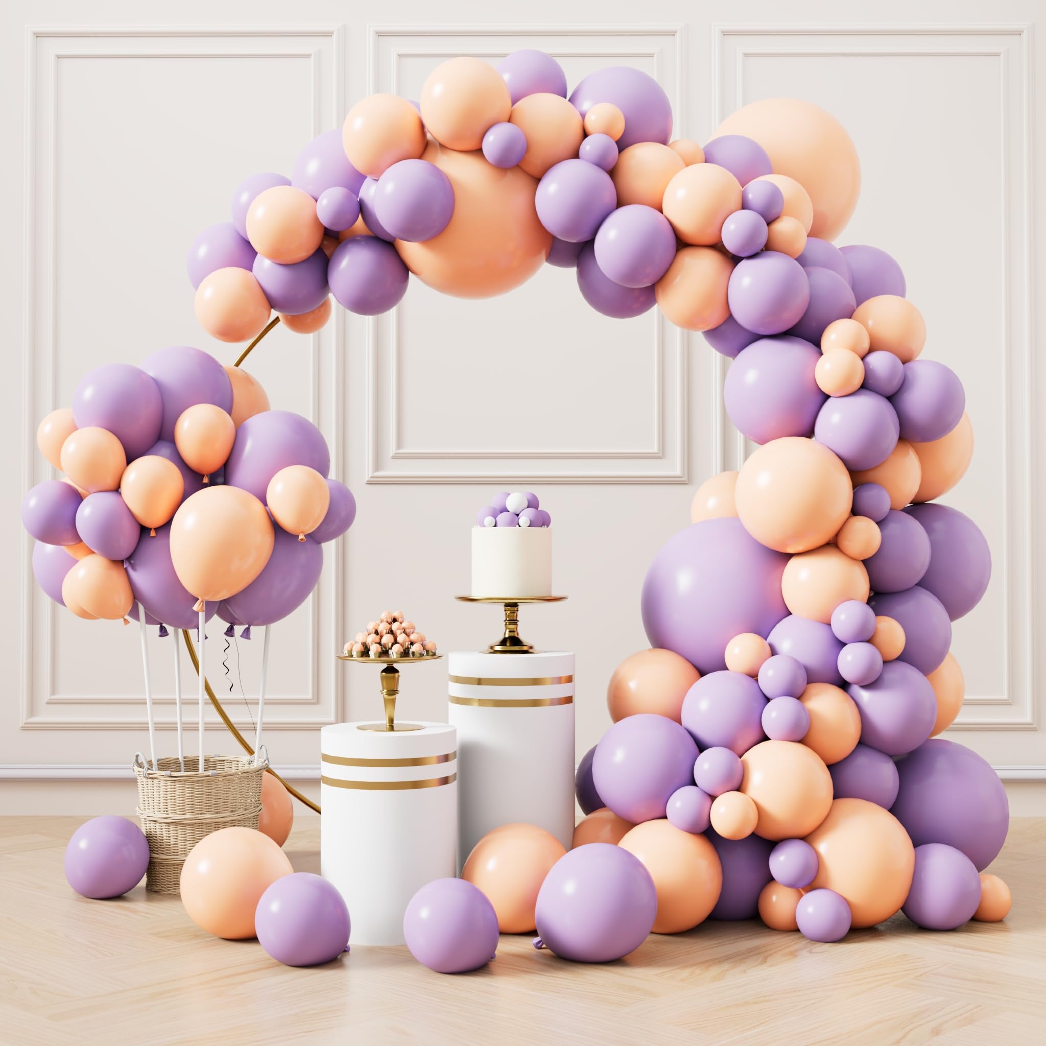 RUBFAC Pastel Purple and Pastel Orange Balloons Different Sizes 105pcs 5/10/12/18 Inches for Garland Arch, Latex Balloons for Birthday Baby Shower Wedding Lilac Lavender Balloons Party Decorations