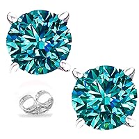 Silver Plated Round Real Moissanite Stud Earrings (1.85 Ct,Blue Green Color,VVS1 Clarity)