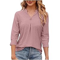 Womens 3/4 Sleeve Dressy Tops Eyelet V Neck Blouses Trendy Tunic Top Loose Fit Soft Tshirt Business Casual Work Shirts