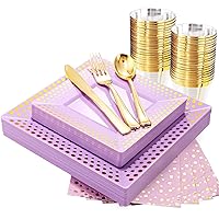 KIRE 175Pcs Purple Plastic Plates with Gold Dot &Gold Disposable Silverware&9OZ Clear Cups&Gold Dot Guest Hand Napkin-Lavender Square Plastic Plates for Upscale Wedding &Parties&Mothers Day