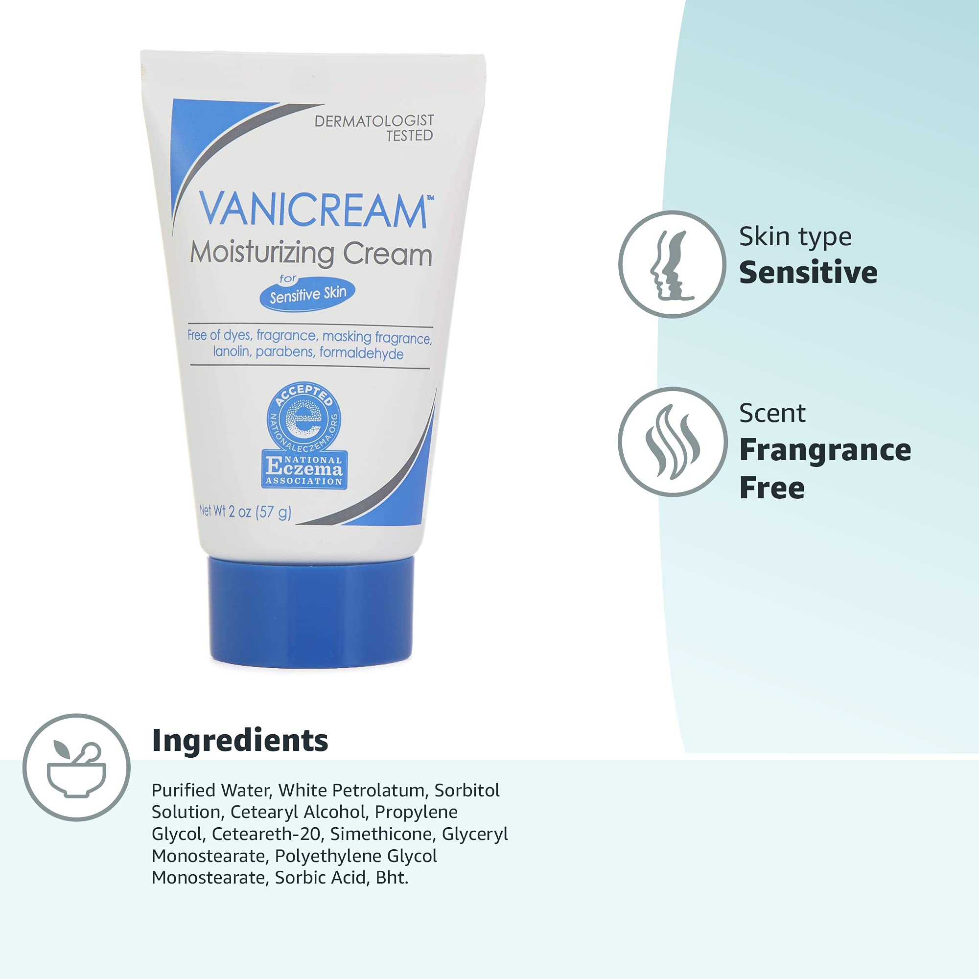 Vanicream Moisturizing Skin Cream Tube for Sensitive Skin, Soothes Red, Irritated, Cracked or Itchy Skin, Dye, Fragrance, Preservative Free, Dermatologist Tested, 2 Ounce (Pack of 1)