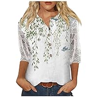 Ladies Summer Tops and Blouses 2023,3/4 Length Sleeve Tops V-Neck 3/4 Sleeve Blouse Print Lace Casual Loose Work Tunic Tee