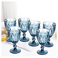 Vintage Wine Glasses Set of 6, Plastic Reusable 12 Ounce Colored Water Goblets, Unique Embossed Pattern Unbreakable Stemmed Wine Glasses High Clear Wedding Party Bar Drinking Cups Blue