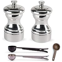 Mignonnette Silver-Plated Salt & Pepper Mill Gift Set, 10cm/4-Inch - With 3 Stainless Steel/Wood Spice Scoops (Salt & Pepper Mill Set)