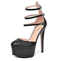 Womens Ankle Strap Bridal Fashion Round Toe Solid Platform Matte Buckle Stiletto High Heel Pumps Shoes 6 Inch