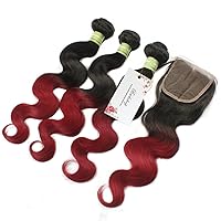 1B/BUG Ombre Hair Extensions Brazilian Virgin Hair With Closure 4 Bundles Brazilian Body Wave With Closure 100% Human Hair (16 with 18x3)
