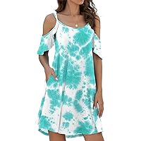 Jouica Women's Summer Casual Spaghetti Strap Sundress Dress Cold Shoulder Ruffle Sleeves Dresses with Pocket