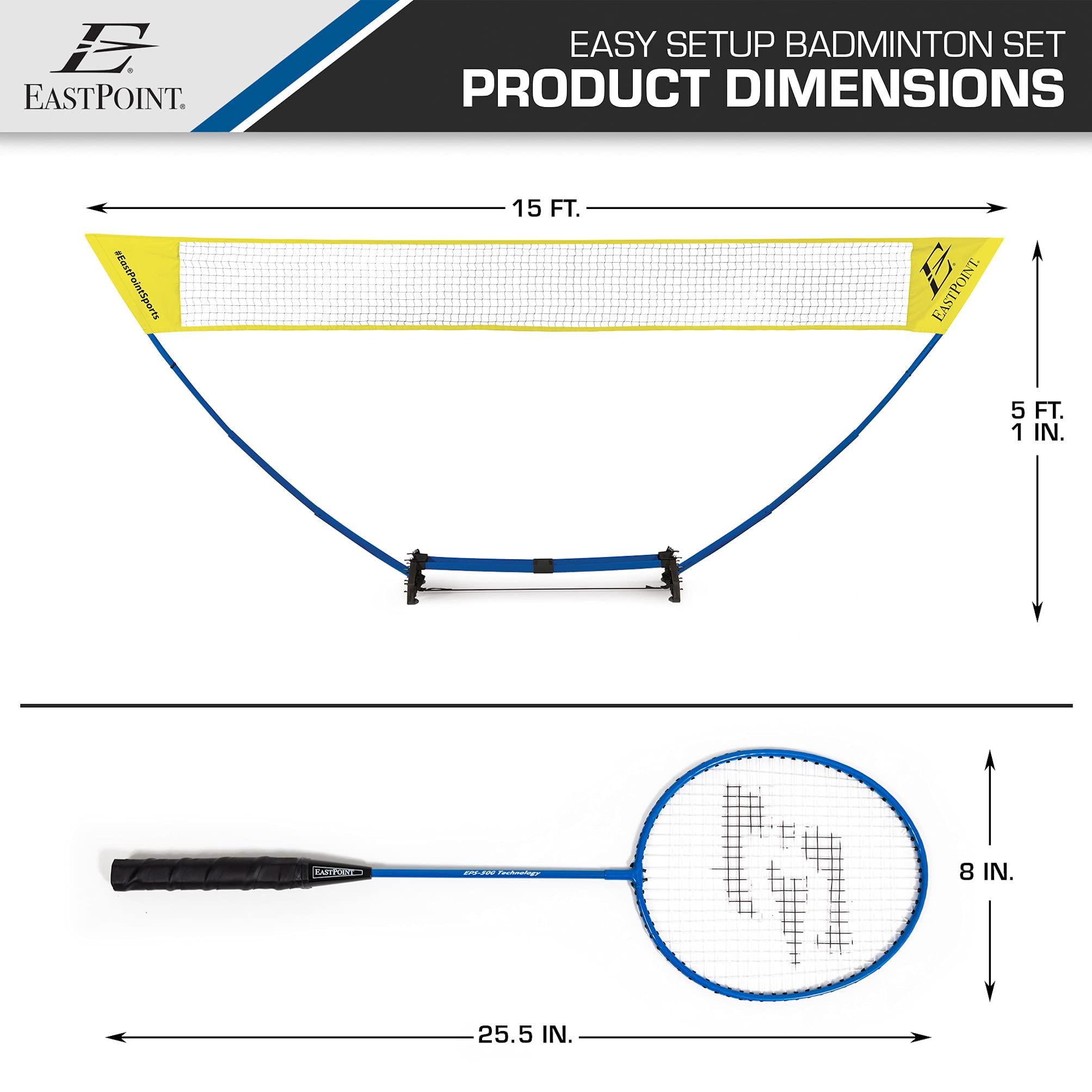 EastPoint Sports Easy Setup Badminton Set - Backyard Outdoor Game for Family Fun - Includes 2 Racket & 2 Shuttlecocks