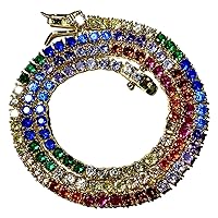 Mens 14k Gold Finish 3mm 16 Inches Tennis Link Chain Choker Iced Out Prong Set Tennis Chain for Men, Women Diamond Rainbow Color Colorful Stones Pride Tennis Chain 16 inches Long
