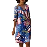 4th of July Dress Women V Neck Short Sleeve Shift Casual Summer Dresses for Women American Flag Vacation Beach Dress
