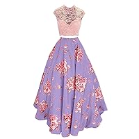 Womens 2 Piece Floral Prom Dress with Pockets Long V-Neck Satin Evening Ball Gown