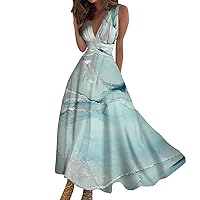 Sundresses for Women,2024 Spring Summer Elegant Wrap V Neck Sleeveless Maxi Dress,Trendy Floral Print Flowy Beach Dress