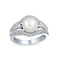 Bling Jewelry Personalize Bridal Art Deco Style Freshwater White Cultured Pearl Cocktail Statement Engagement Ring For Women Pave Triple Split Band .925 Sterling Silver Customizable