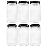 Cornucopia 32oz Clear Plastic Jars with Black Ribbed Lids (6 pack): BPA Free PET Quart Size Canisters for Kitchen & Household Storage