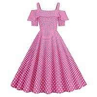 Womens Vintage Polka Dots 50s 60s Party Dress Off Shoulder Ruffle Cape Short Sleeve Cocktail Swing A-Line Dress