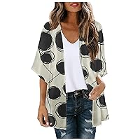 Women's Swim Cover Up Fashion Printed Seven-Part Sleeve Cardigan Loose Blouse Casual Top Swimsuit Coverup