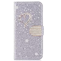 Wallet Case Compatible with Samsung A52 5G, Glitter Bling Love Heart Diamond Pu Leather Flip Phone Cover for Galaxy Galaxy A52 5G (Silver)