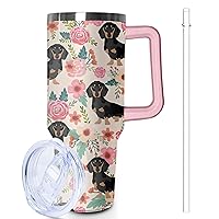 40 oz Dachshund Tumbler with Handle and Straw, Dog Travel Mug Water Bottle, Stainless Steel Insulated Cup with Lid and Straw, Birthday Christmas Gifts