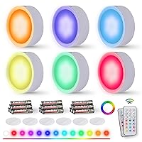 Puck Lights with Remote, Wireless LED Puck Lights Battery Operated, 13 RGB Colors Changing Under Cabinet Lights, Dimmable Closet Lights with Timer, Battery Included (6-Pack)