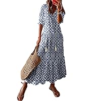 Women's Casual Summer Boho Floral Print Dress V Neck Short Sleeve High Waist Long Maxi Beach Dresses