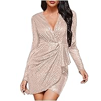 Wedding Duest Dresses for Womens Sexy Sequin Dress Wrap V-Neck Ruched Mini Dress Long Sleeve Cocktail Party Formal Prom Gowns