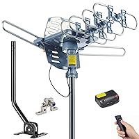 PBD Digital Outdoor TV Antenna, 150 Mile Motorized 360 Degree Rotation Support 2 TVs, Grounding Block, Mounting Pole, 50FT RG6 Coax Cable, Wireless Remote Control, UHF/VHF, Snap-On Installation