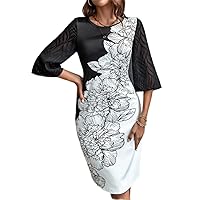 Women's Dress Floral Print Contrast Mesh Sleeve Fitted Dress