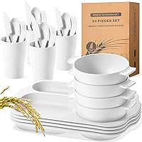 Honoson 24 Pcs Wheat Straw Dinnerware Cutlery Set Including Kids Toddlers Divided Plates Microwave Dishwasher Safe Bowl Unbreakable Tableware Straw Cutlery Spoon Knife Fork Cup (White)