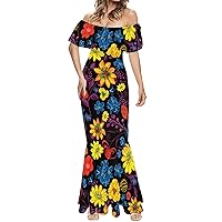 Flower Printed Midi Dresses Split Short Sleeve Off The Shoulder Plus Size Maxi Dresses
