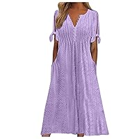 Manzene Summer Eyelet Button-up Tie Short Sleeve Dresses Breathable Bohemian Midi Dresses Casual Beachy Outfits with Pockets
