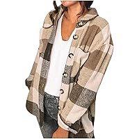 TUNUSKAT Shacket Jacket Women Casual Plaid Long Sleeve Flannel Shirt Fall Spring Lapel Button Down Cardigan Coats Loose Fit