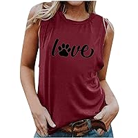 Womens Crewneck Tank Top Love Print T-Shirt Loose Fit Sleeveless Shirts Summer Tanks for Women Casual Workout Tunic