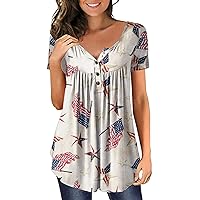 Casual Tunic Short Sleeve Woman Spring Skiing V Neck Button Front Tops Women's Loose Breathable American