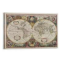 Vintage Map Wall Poster - Seventeenth Century World Antique Style Map Travel World Map Detailed City Canvas Painting Wall Art Poster for Bedroom Living Room Decor 20x30inch(50x75cm) Frame-style