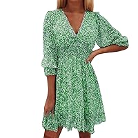 Summer Boho Midi Dresses for Women 2024,Ladies Casual Elegant Retro V Neck Elastic Waist Floral Print Summer Sh