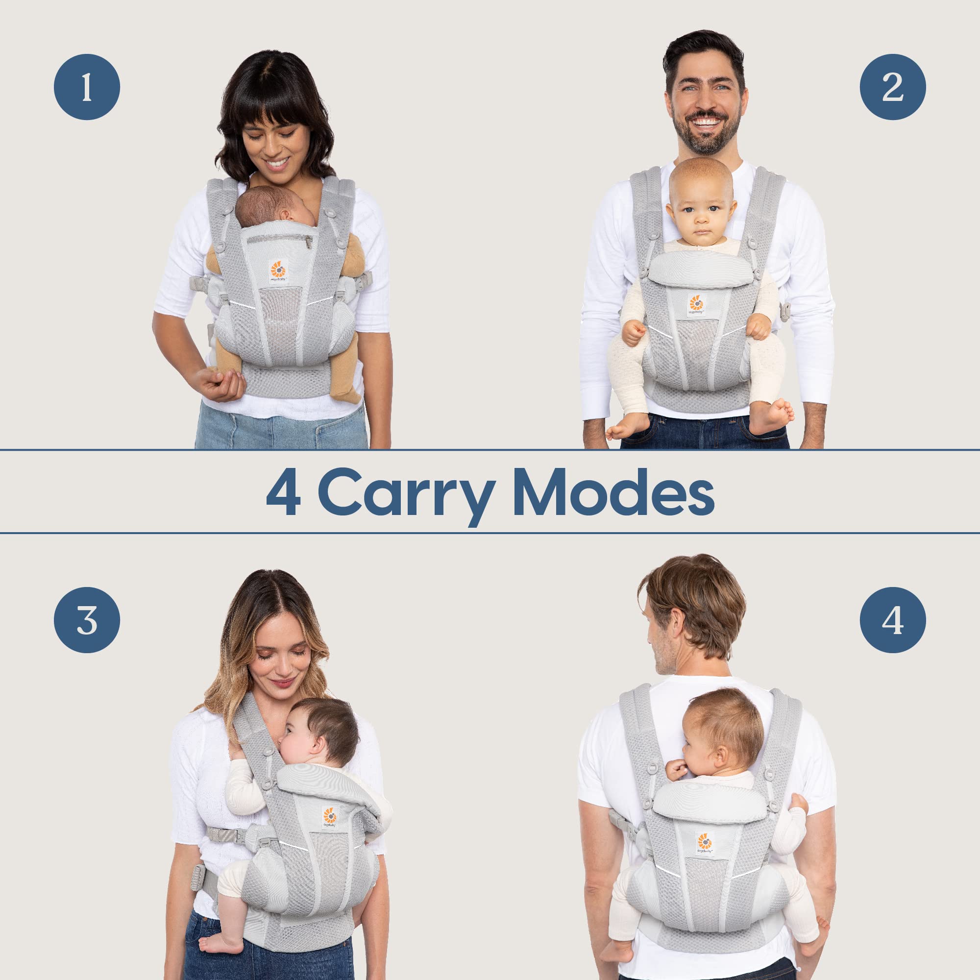 Ergobaby Omni Breeze All Carry Positions Breathable Mesh Baby Carrier with Enhanced Lumbar Support & Airflow (7-45 Lb), Mosaic Grey