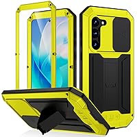 FW Samsung Galaxy S23 Metal Case with Slide Camera Cover Built in Screen Protector Full Body Hybrid S23 Case Metal Kickstand Military Heavy Duty Armor Silicone Case for Man Woman (Yellow)