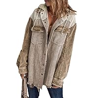 Dokotoo Womens 2023 Fall Corduroy Shacket Jacket Long Sleeve Button Down Color Block Hooded Coat with Pockets