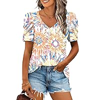 Anydeer Women Puff Sleeve Summer Tunic Top Casual T-Shirts Fashion V-Neck Pullover Loose Blouse