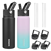2 Pack Insulated Water Bottles with Straw Lids, 22oz Stainless Steel Metal Water Bottle with 6 Lids, Leak Proof BPA Free Thermos, Cups, Flasks for Travel, Sports (Oasis+Black)