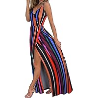 Women's V-Neck Trendy Swing Sleeveless Long Dress Casual Summer Foral Print Hawai Flowy Side Split Beach Dress
