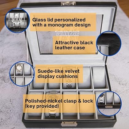 Personalized Engraved 10 Slot Watch Box Jewelry Organizer for Men (Filigree Monogram Design)