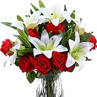 20 Pcs Artificial Flowers Velvet Realistic Red Roses and Latex Lilies Flowers Bouquet Decorations Flower Arrangements for Mother's Day Wedding Party Bouquet Table Centerpiece(White, Red)