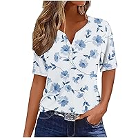 Summer Boho Tops for Women Trendy Vacation Short Sleeve Tees Button V Neck Shirts Dressy Casual Floral Print Blouses