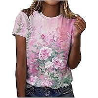 Womens Summer Tops Floral Print Round Neck Short Sleeve Cute Tshirts Causal Loose Fit Comfy Basic Beach Tee Tops