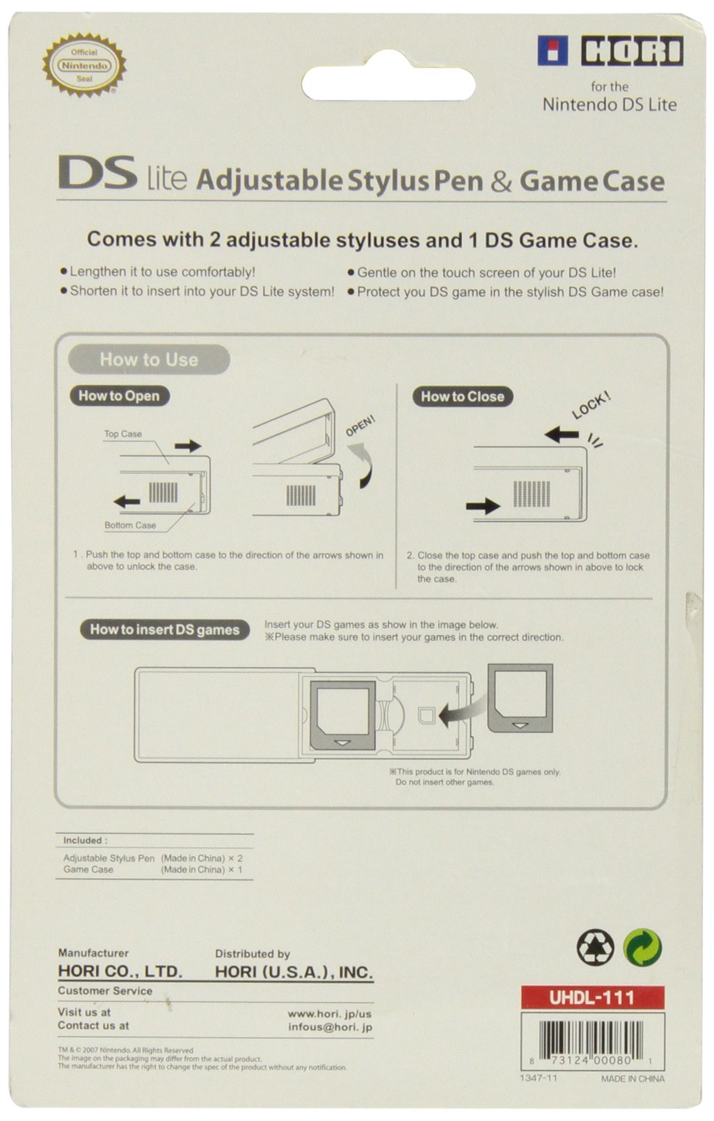 Nintendo DS Lite Adjustable Stylus Pen & Game Case