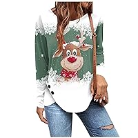 Women's Christmas Shirts Long Sleeve Tunic Loose Top Pleated Button Casual Print T-Shirt Tops Fashion, S-3XL