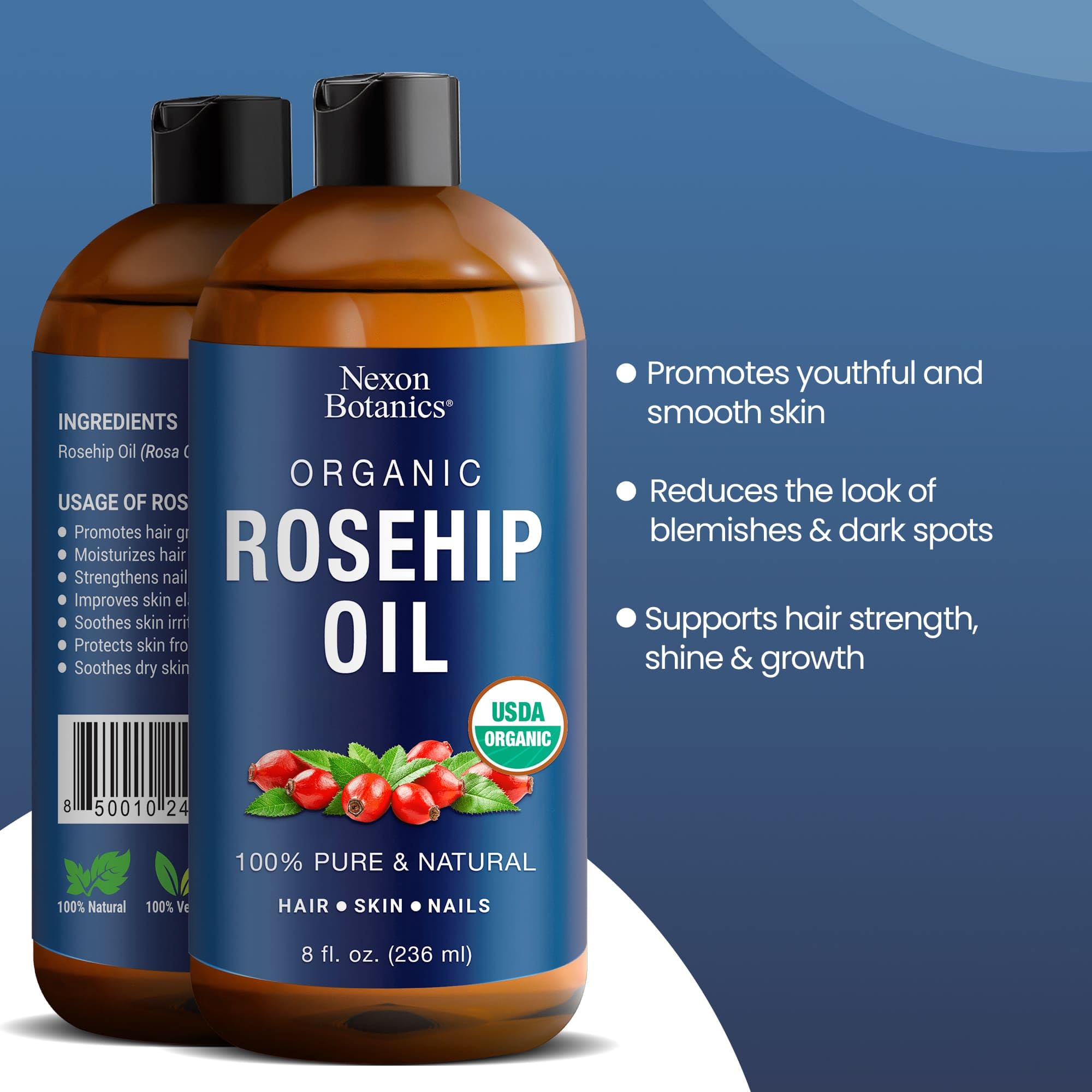 Nexon Botanics Organic Rosehip Oil for Face 8 fl oz - Gua Sha Oil - Facial Oil for Gua Sha Massage - Rose Hip Oil - Rosehip Seed Oil - Aceite de Rosa Mosqueta